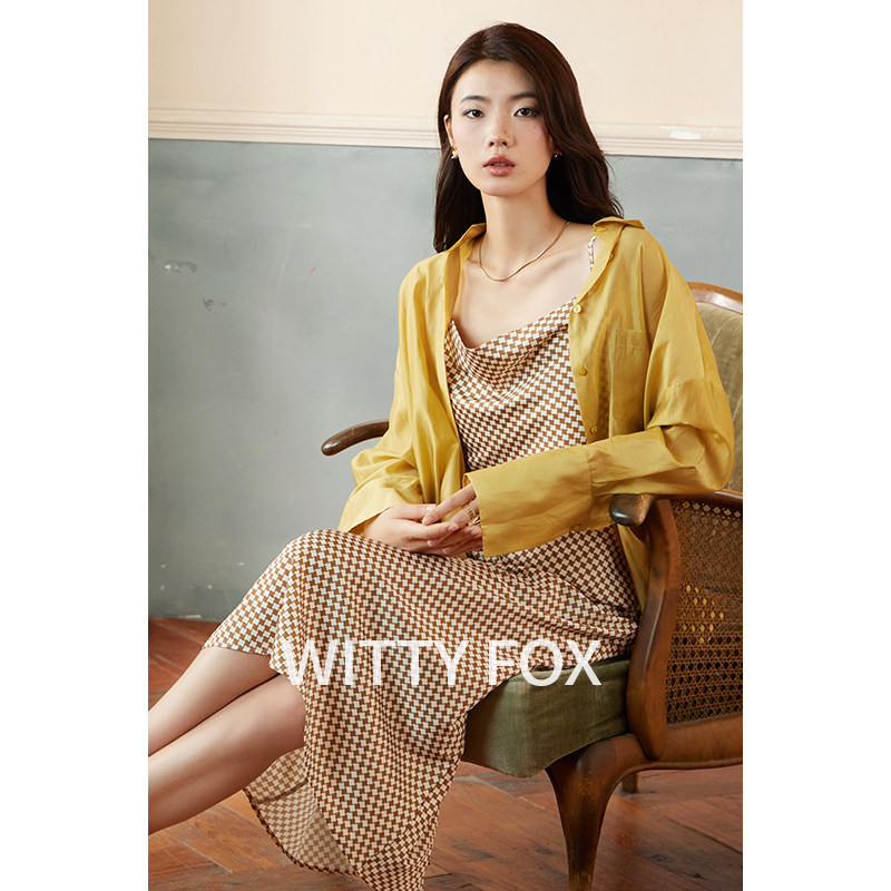 尾货特价限量斜裁真丝千鸟格印花缎面荡领吊带连衣裙女夏桑蚕丝裙