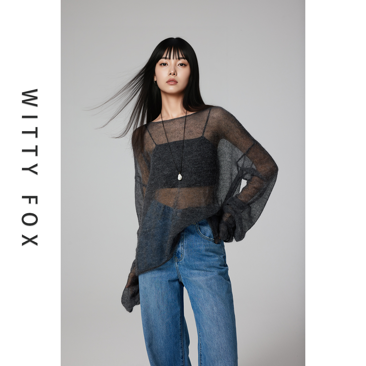 WITTYFOX一字领马海毛罩衫针织衫