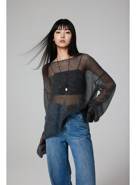 WITTYFOX南非超幼马海毛时髦雾感镂空透视一字领罩衫针织衫