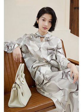 尾货特价原创手绘线条狐狸重磅斜纹真丝印花衬衫半身裙气质套装女