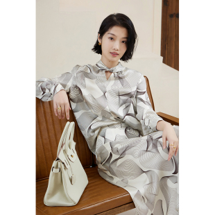 原创手绘线条狐狸重磅斜纹真丝印花衬衫 女 半身裙气质套装