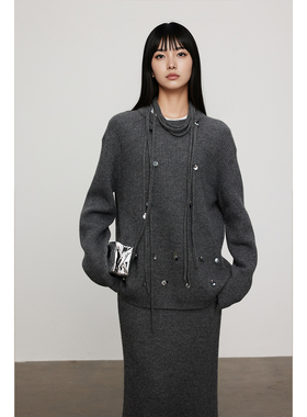 WITTYFOX奢贵温暖牦牛绒复古老钱风时髦廓形手工钉珠毛衣外套套装