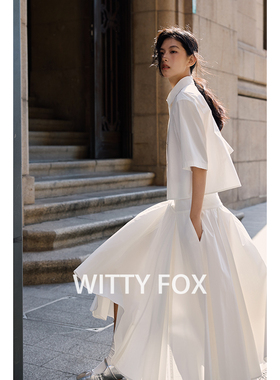 WITTYFOX60支匹马棉时髦箱型短款宽松衬衫半身裙套装