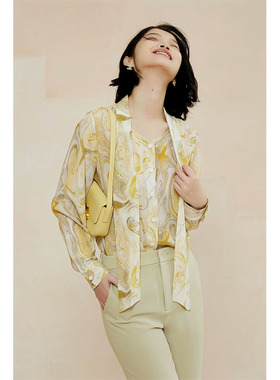 特价 法式浪漫原创卡布奇诺印花真丝衬衫女秋季桑蚕丝飘带衬衣