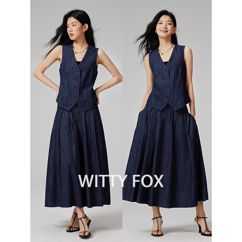 100%水洗棉复古牛仔蓝马甲女夏半身裙套装