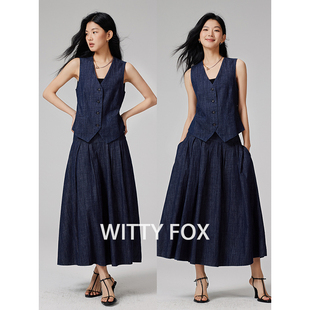 100%水洗棉复古牛仔蓝马甲女夏半身裙套装