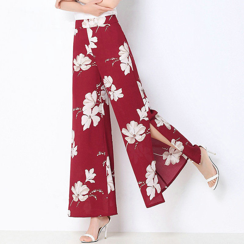 Chiffon wide leg pants women's summer 2021 new high waist printing side slit loose and thin, foreign style, Korean quarter skirt pants