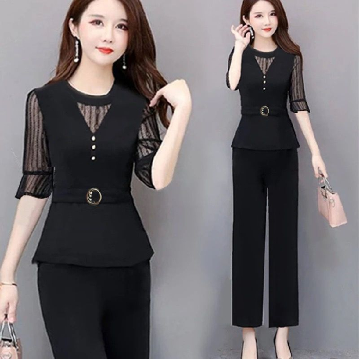 2021 summer new Korean set women's fashion large slim mesh set women's two piece set