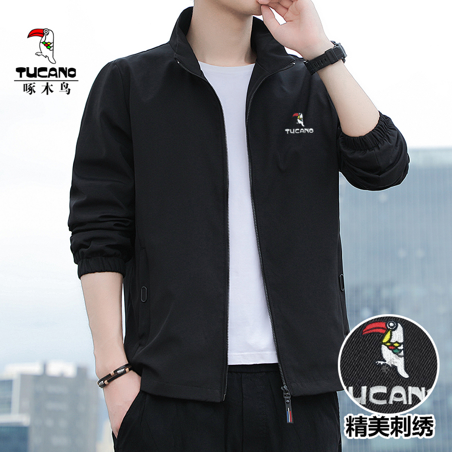啄木鸟刺绣加绒男装立领外套休闲