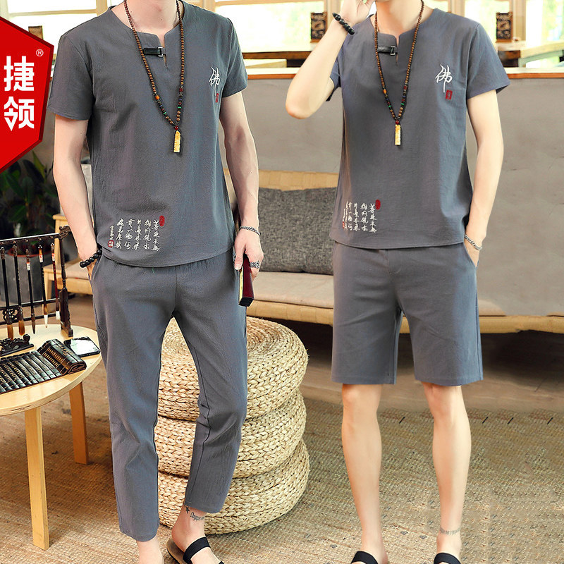 夏天套装男2019新款夏季短袖T恤裤子一套衣服男士刺绣休闲装潮5分在类目 男装, 休闲裤中 - 来自Buy2taobao.com提供专业的淘宝代购服务