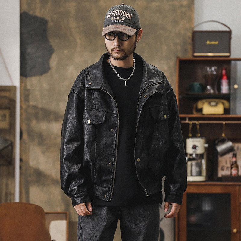 日系复古皮衣外套男春秋美式皮夹克宽松潮牌机车服上衣7806P155,男装夹克,星座615（原A358-1）
