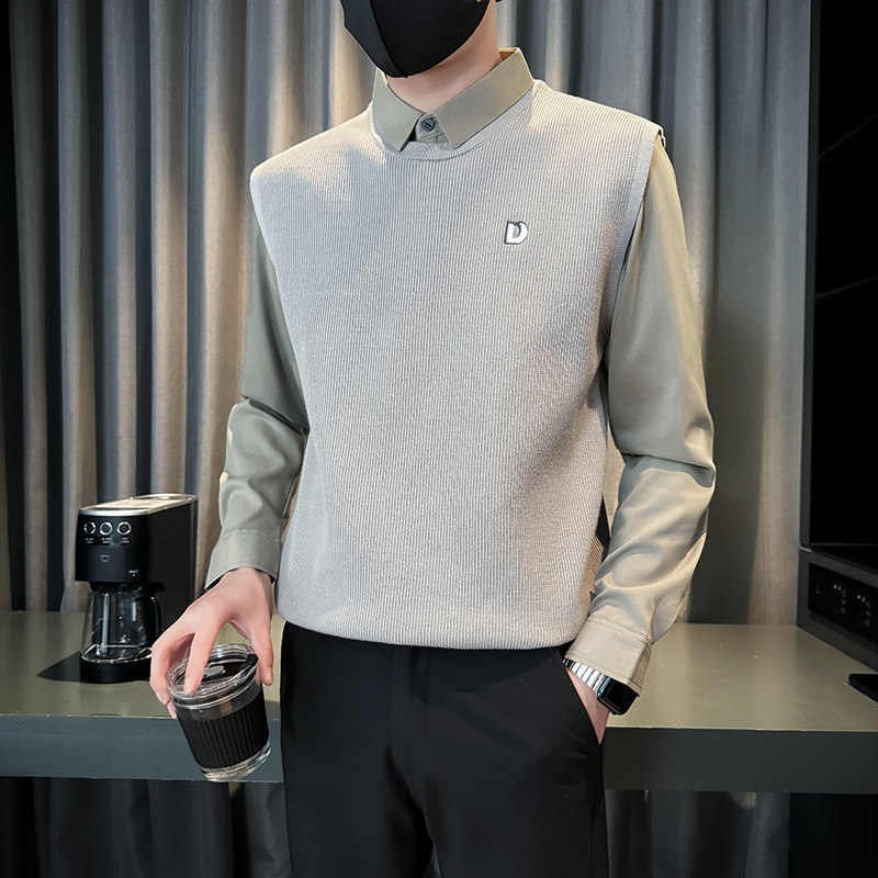 2025新款高端店主风假两件针织衫翻领气质男士打底衫4505P88,男装T恤,星座615（原A358-1）