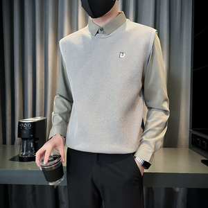 2025新款高端店主风假两件针织衫翻领气质男士打底衫4505P88