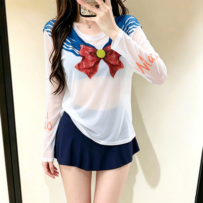 保守学生微胖少女高级感带罩衫三件套遮肚显瘦2026年现款泳衣女夏