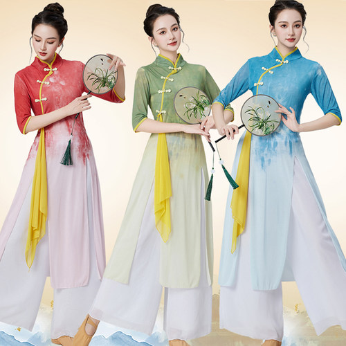 大码广场舞套装改良旗袍长款纱衣