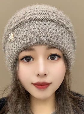 冬季新款针织帽子时尚潮流中年女帽双层加厚保暖妈妈洋气毛线帽女
