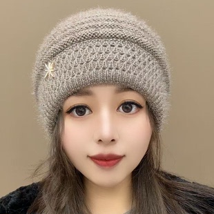 冬季新款针织帽子时尚潮流中年女帽双层加厚保暖妈妈洋气毛线帽女