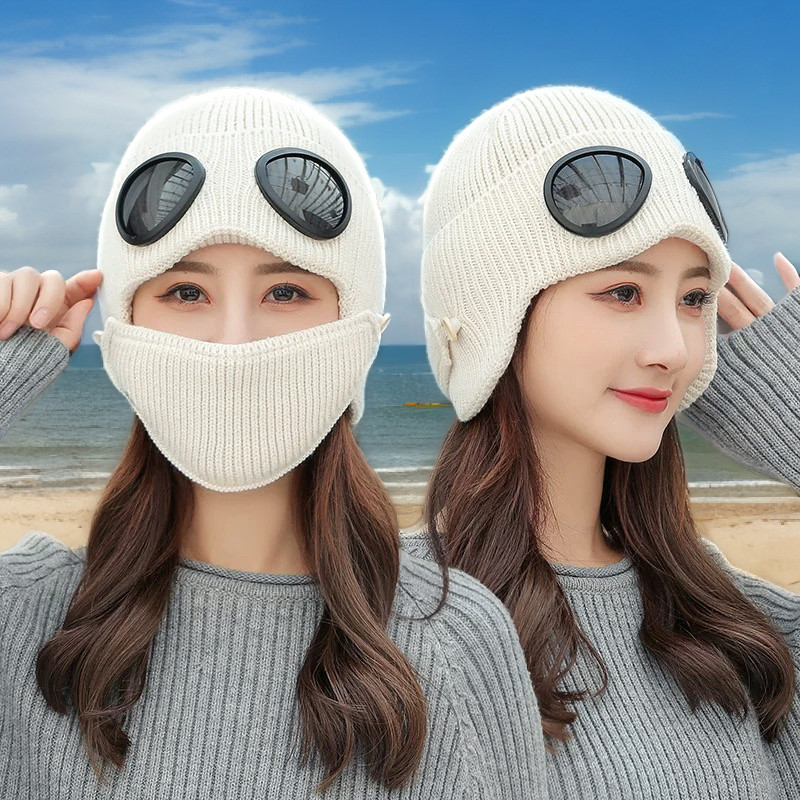 毛线帽子女冬天潮韩国飞行员眼镜帽韩版加厚针织帽时尚保暖滑雪帽