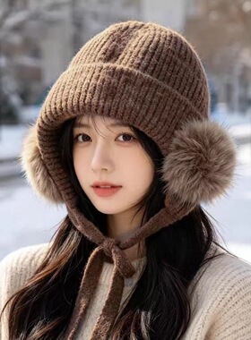 韩系绑带针织帽子女冬季2026新款保暖护耳防寒大头围耳罩毛线帽潮