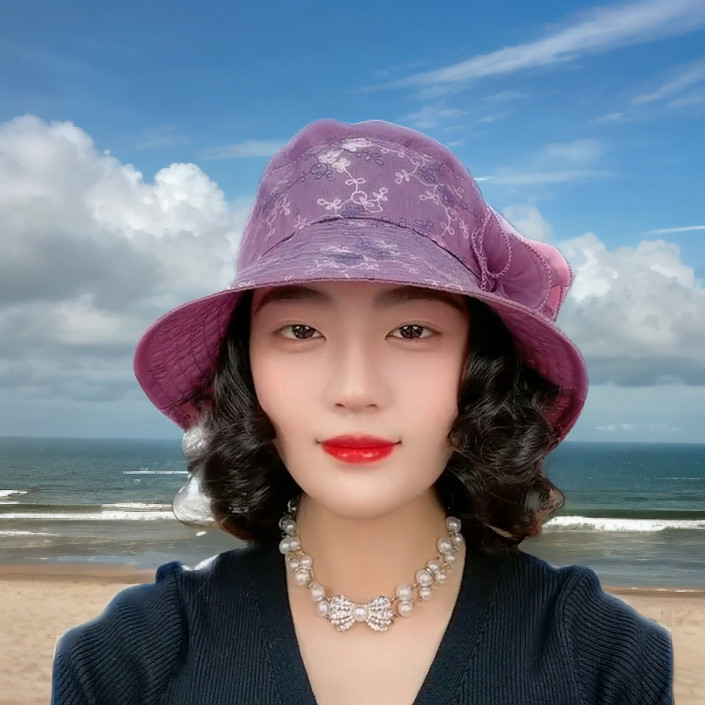 2025假发一体鱼夫帽春夏网纱透气遮阳帽韩版妈妈帽薄款时尚花朵帽
