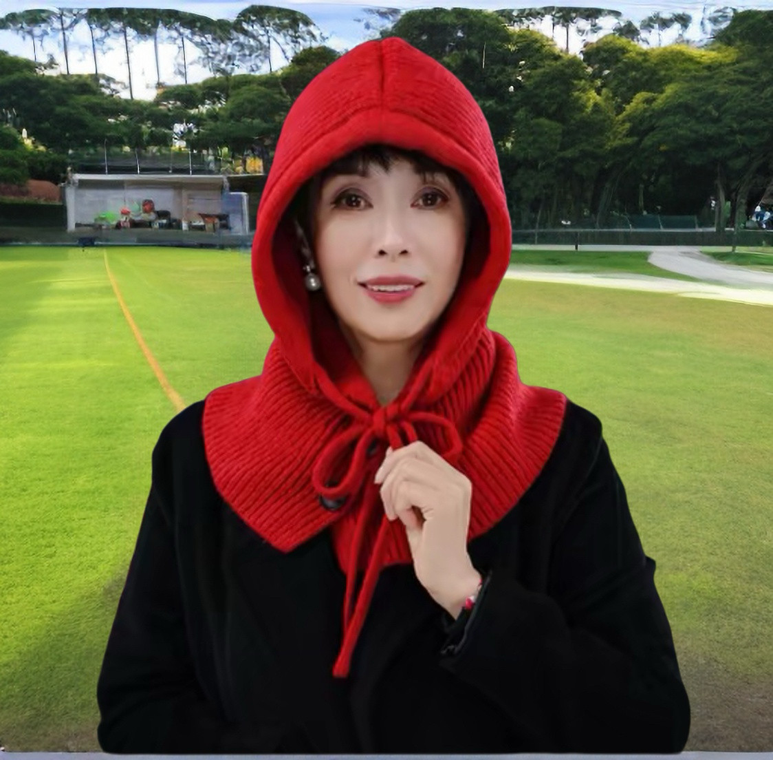 2024新款小巴拉克拉法帽女小红帽毛线帽子围巾一体针织抽绳套头帽