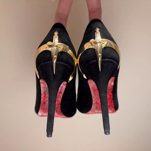 黑色利刃高跟鞋女细跟红底2025冬季绝美御姐纯欲剑体浅口尖头单鞋