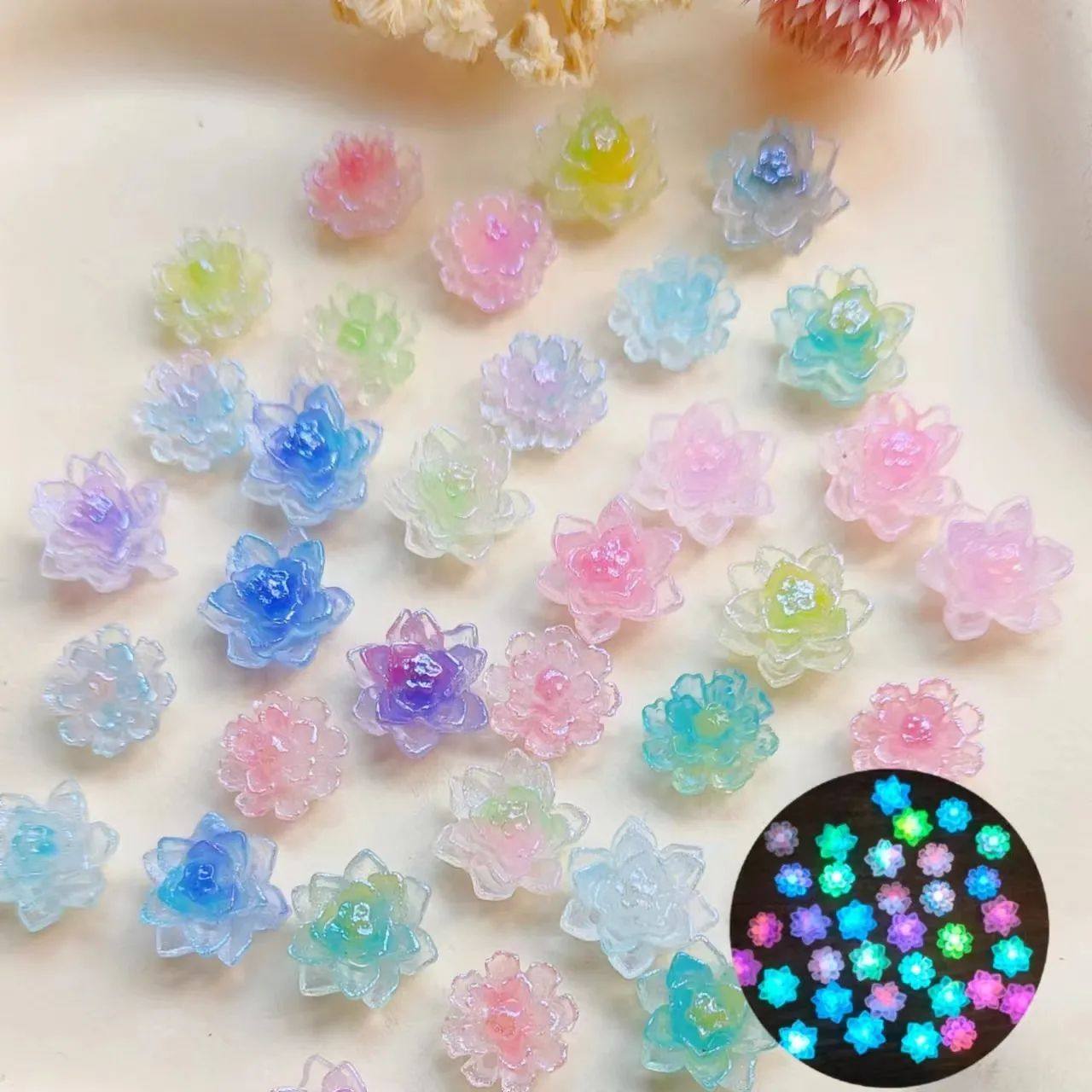 冰透芙蓉莲花夜光星空闪粉小荷花树脂配件美甲饰品迷你双层花朵