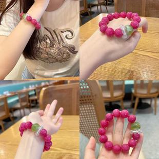 时尚设计款火龙果色天然蔷薇石显白手串岫玉白水晶小众手链送女友