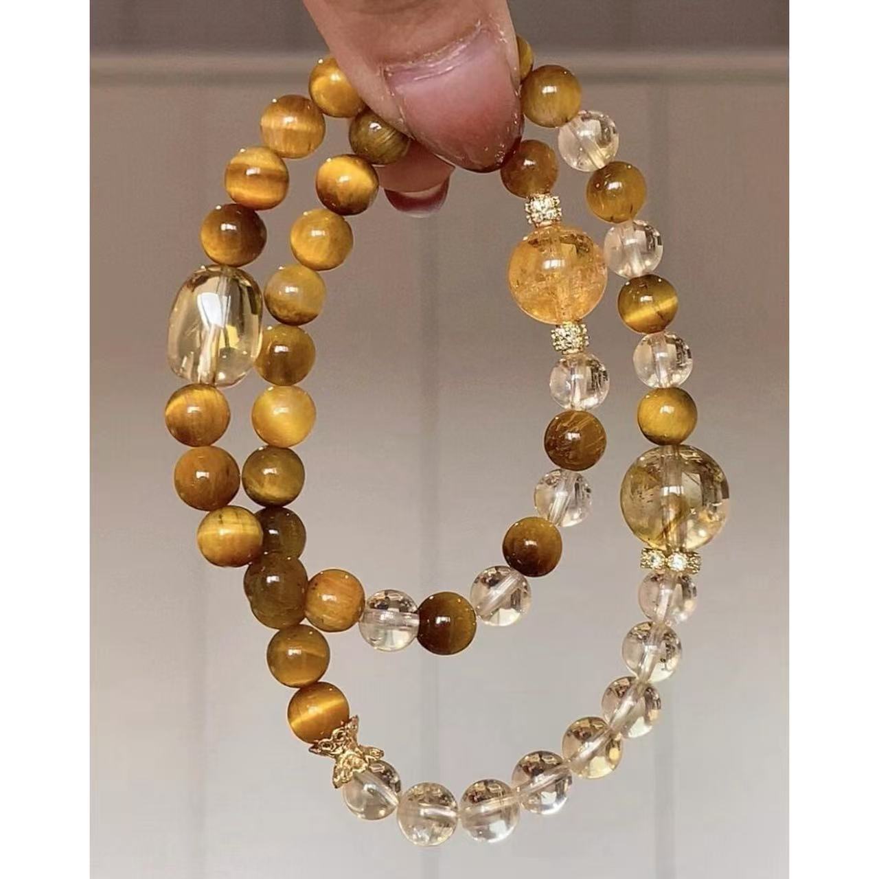 【日进斗金】天然黄水晶虎眼石双圈手串招财精致黄塔金高级感手链