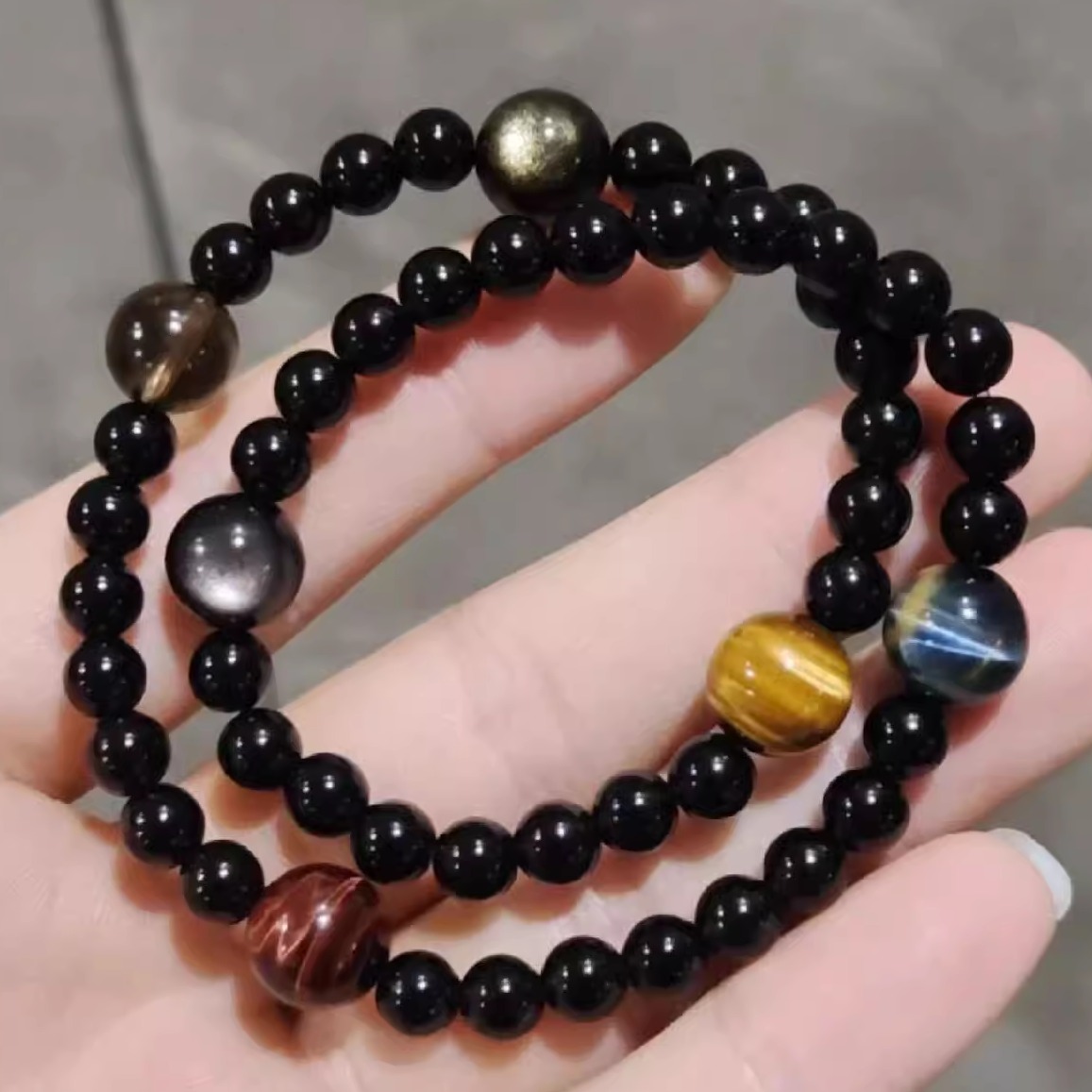 黑曜石双圈手串手链金虎眼蓝虎眼红虎眼银曜石茶晶