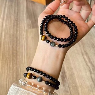 恩恩同款天然黑曜石双圈手串虎眼石鹰眼石本命年转运手链多圈手链