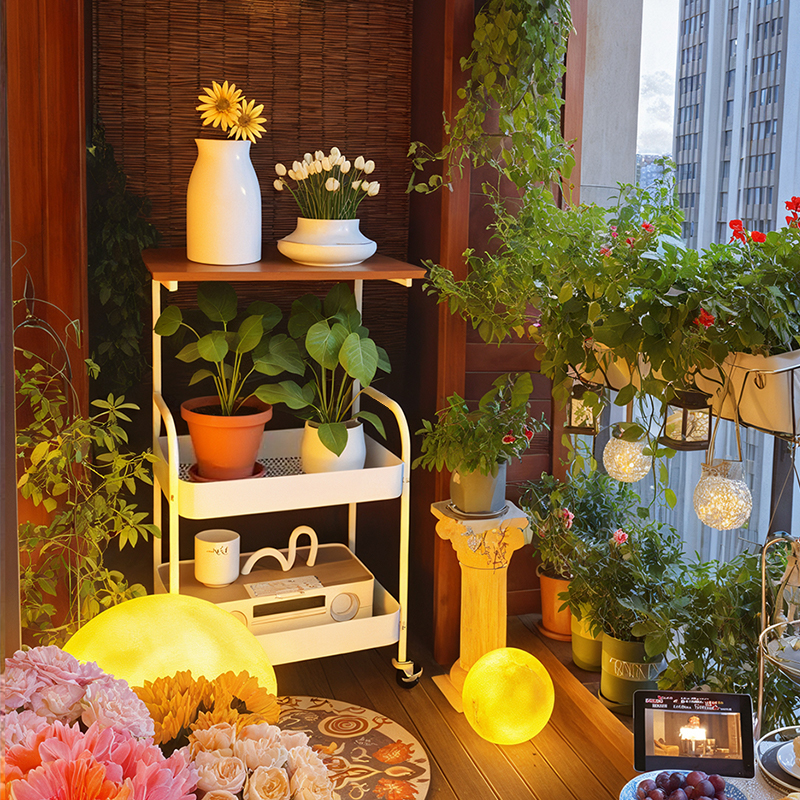 2025新款可移动铁艺花架子客厅阳台小推车置物架中古风多层植物架