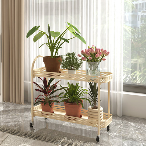 2025新款奶油风多层可移动铁艺花架阳台客厅小推车带轮植物摆放架