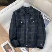 H家 翻领格子花型多口袋外套 深灰格纹夹克秋季 余单 少量现货