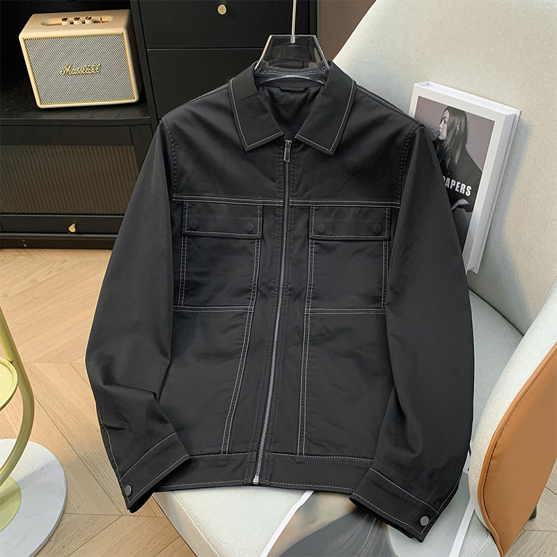H标、余单！少量现货！换标货！ 黑色哑光PU翻领厚款工装简约夹克