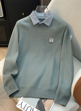 H家、余单！少量现货！灰绿色长袖针织衫25秋季修身假两件毛衣男