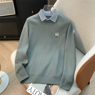 灰绿色长袖 少量现货 针织衫 25秋季 假两件毛衣男 H家 修身 余单