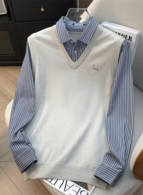 H家、余单！少量现货！衬衫领针织背心假两件 厚款打底针织毛衣男
