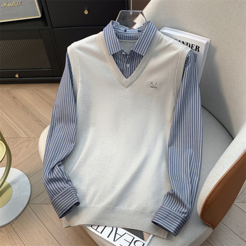 H家、余单！少量现货！衬衫领针织背心假两件 厚款打底针织毛衣男