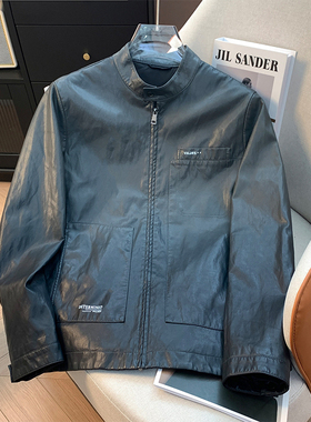 H标、余单！少量现货！ 时尚休闲立领皮夹克男春季PU纤滑渐变外套