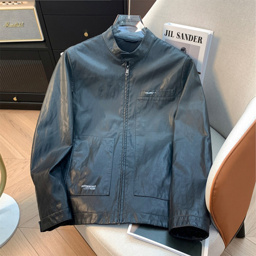 H标、余单！少量现货！ 时尚休闲立领皮夹克男春季PU纤滑渐变外套