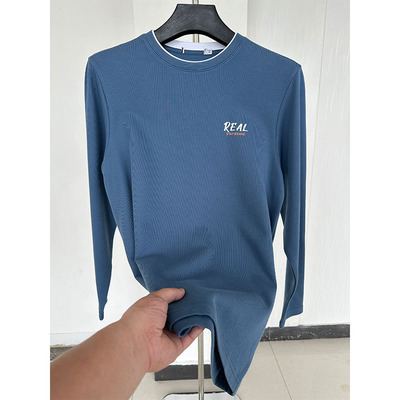 H家、余单！少量现货！98棉 蓝灰色双领字母印花春秋打底长袖T恤