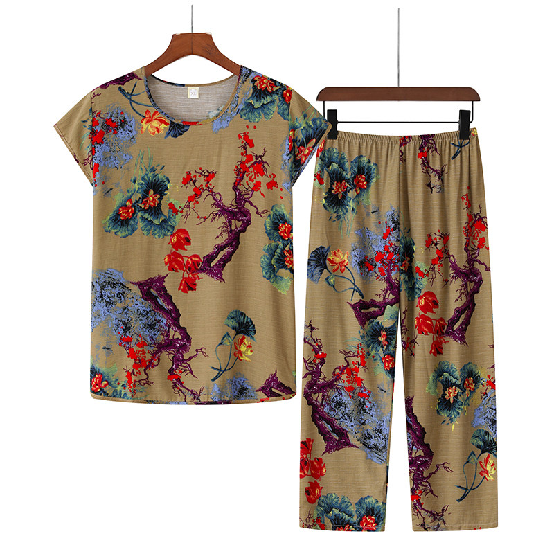 中老年两件套奶奶装夏装休闲套装妈妈短袖丝绸睡衣老人衣服套装
