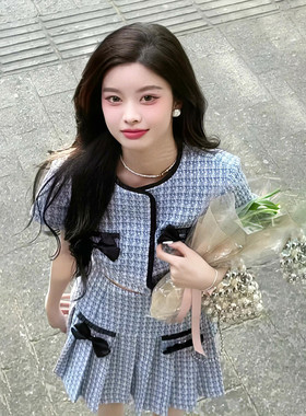 蓝色小香套装女2026年夏季韩系甜美高级感小众蝴蝶结高腰显瘦短裙