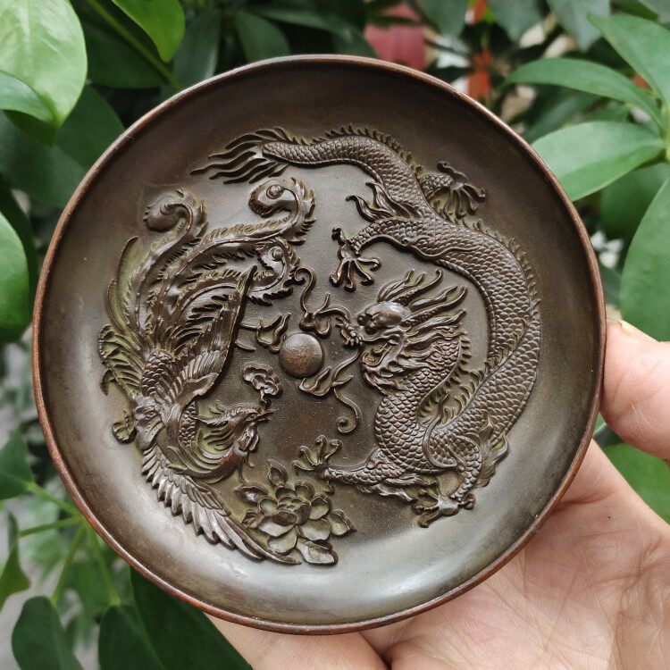 古玩杂项收藏仿古龙凤戏珠盘子碟子家居茶道工艺品摆件