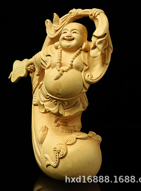 厂家黄杨木雕家居汽车摆件福袋舞袋跳舞弥勒佛像