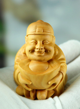 黄杨木雕手把件人物Q版土财神工艺品家居汽车摆件圆雕茶宠装饰品