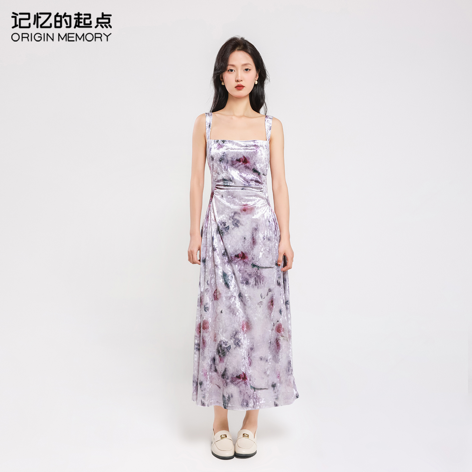 记忆的起点复古碎花吊带连衣裙女装高级感抹胸长裙设计感收腰裙子