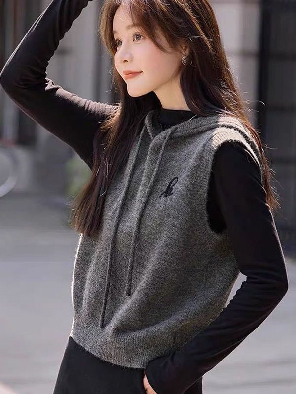 新款高级感无袖连帽叠穿百搭针织衫马甲女背心春秋短款坎肩上衣潮
