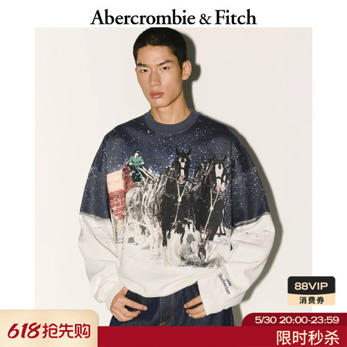 AF美式潮流时尚百威图案舒适抓绒卫衣上衣25秋冬男装122-5648